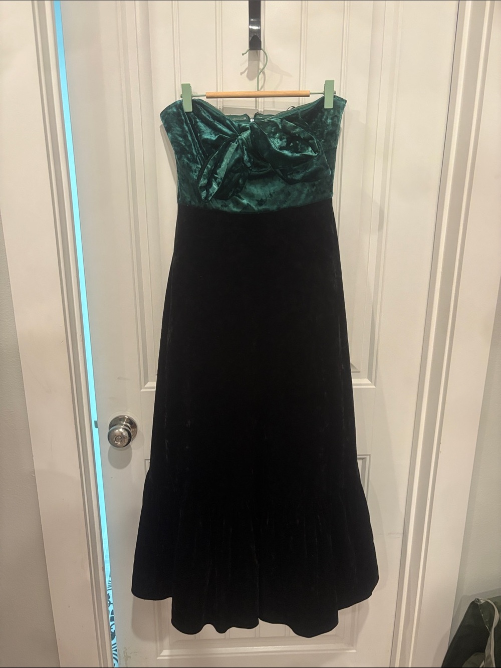 Aitch Size 4 Emerald Green Black Velvet Strapless Bow Maxi Dress